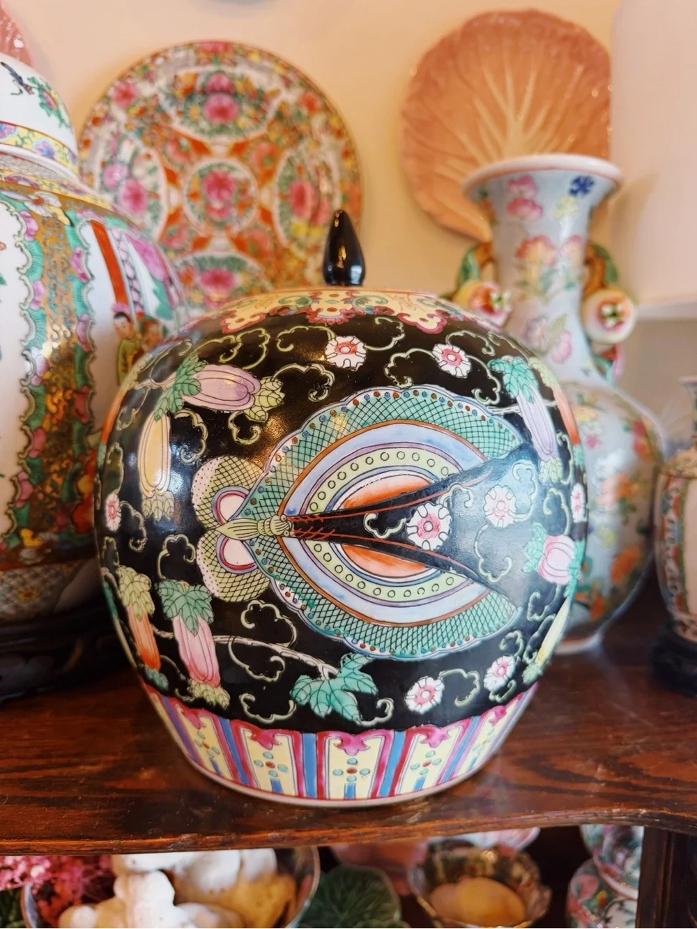 Black Ceramic Butterfly Vase with Multicolor Floral Accents